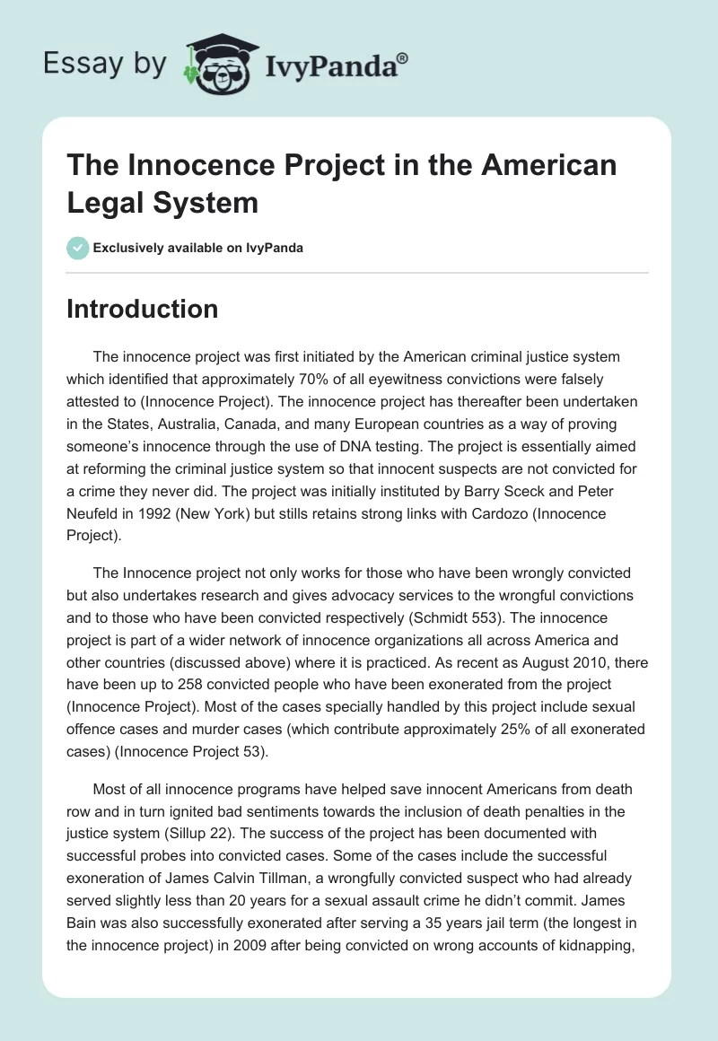 The Innocence Project in the American Legal System. Page 1