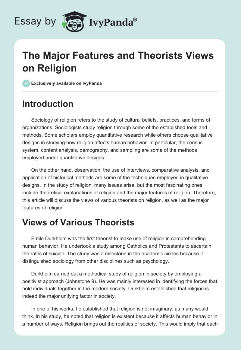 The Major Features and Theorists Views on Religion. Page 1