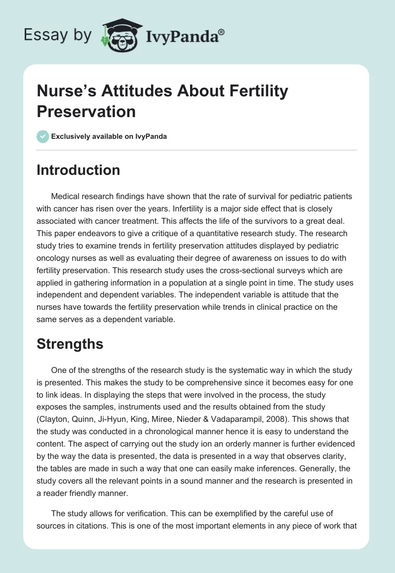 Nurse’s Attitudes About Fertility Preservation. Page 1