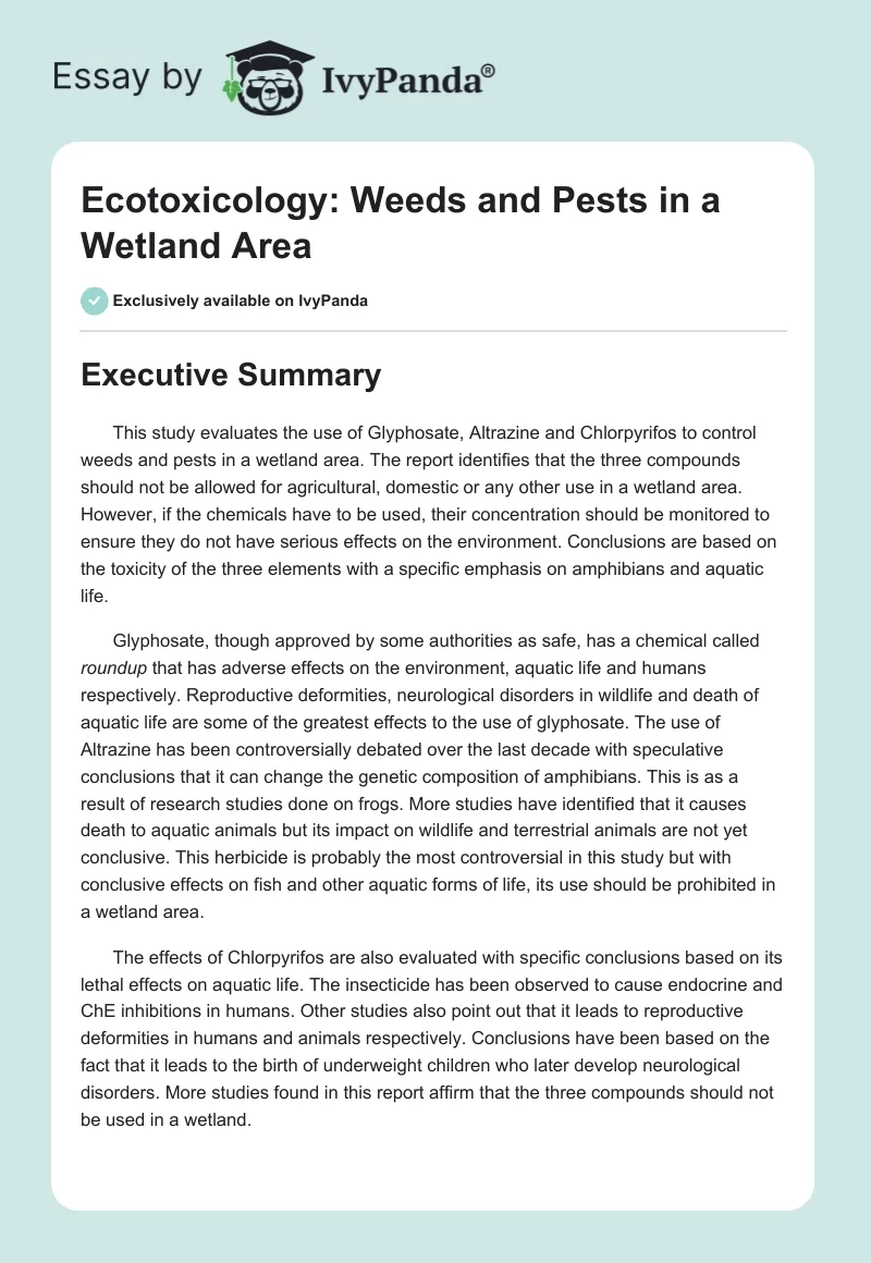 Glyphosate, Altrazine, and Chlorpyrifos Impact in Wetland Areas. Page 1
