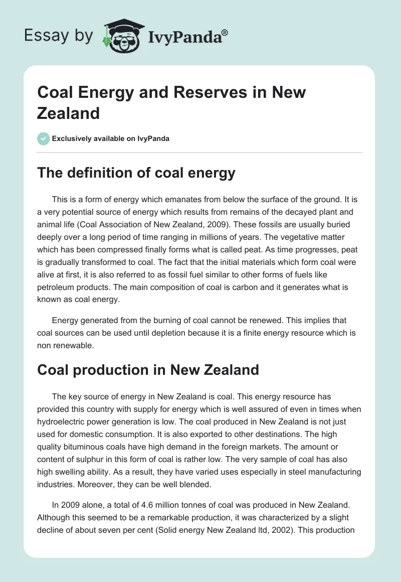 Coal Energy and Reserves in New Zealand. Page 1