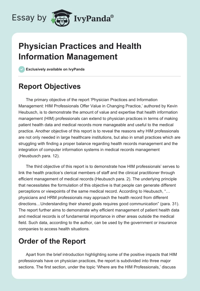 Physician Practices and Health Information Management. Page 1