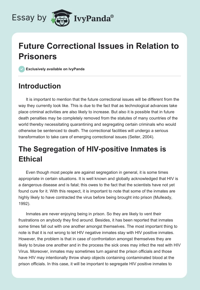 Future Correctional Issues in Relation to Prisoners. Page 1