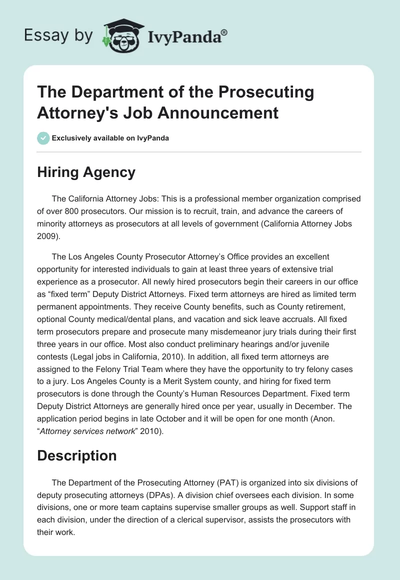 The Department of the Prosecuting Attorney's Job Announcement. Page 1