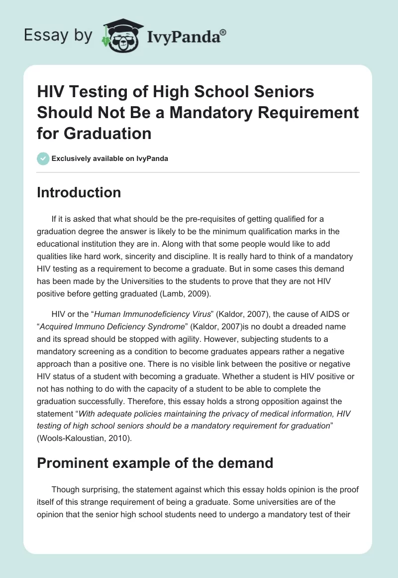 HIV Testing of High School Seniors Should Not Be a Mandatory Requirement for Graduation. Page 1