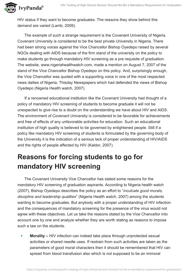 HIV Testing of High School Seniors Should Not Be a Mandatory Requirement for Graduation. Page 2