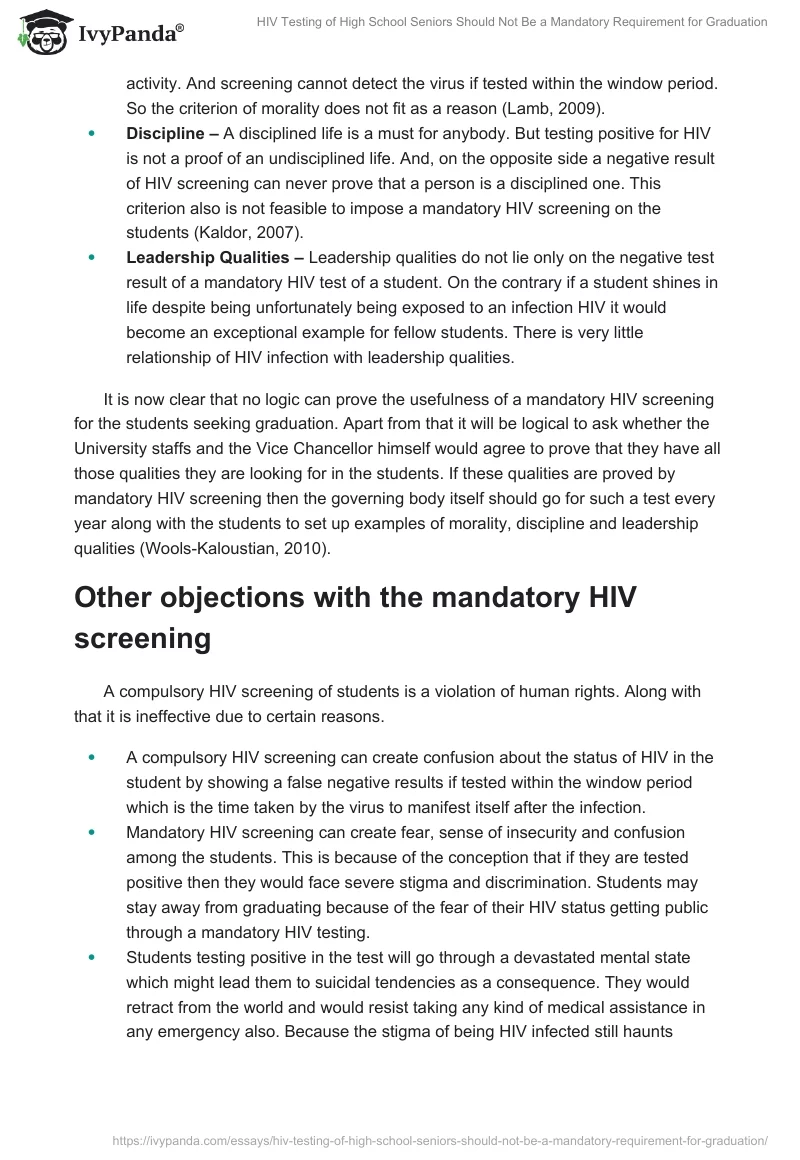 HIV Testing of High School Seniors Should Not Be a Mandatory Requirement for Graduation. Page 3