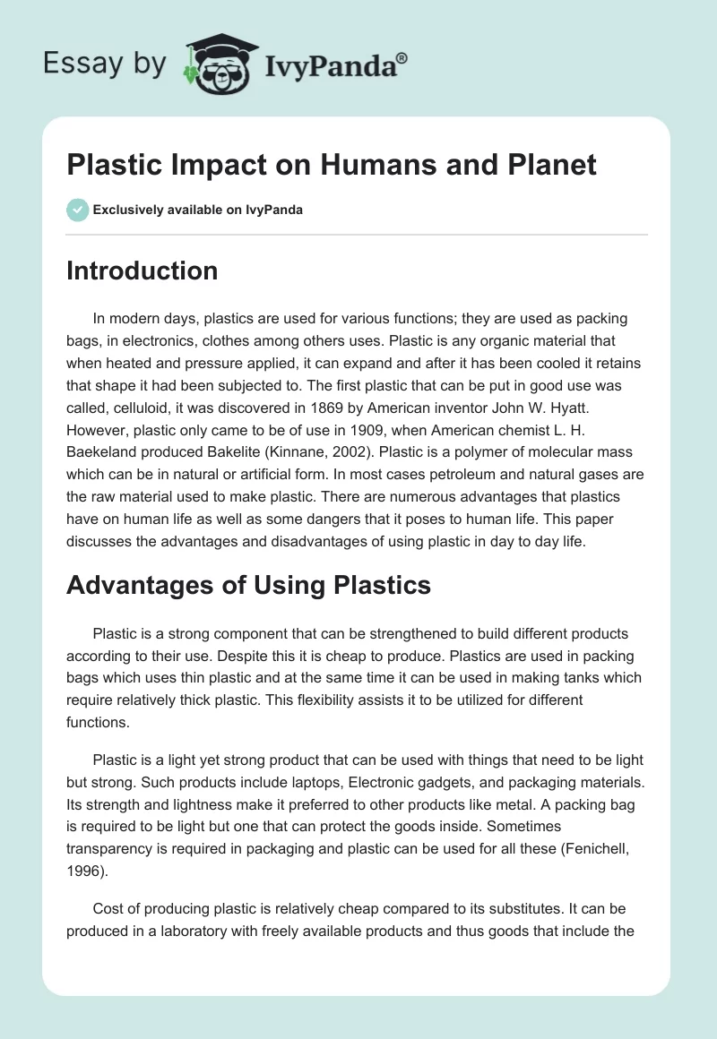 Plastic Impact on Humans and Planet. Page 1