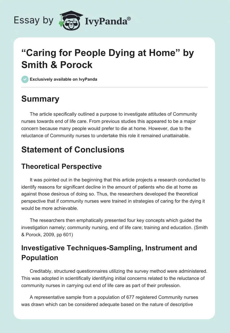“Caring for People Dying at Home” by Smith & Porock. Page 1