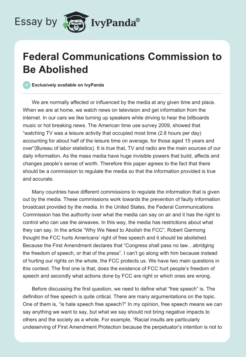 Federal Communications Commission to Be Abolished. Page 1