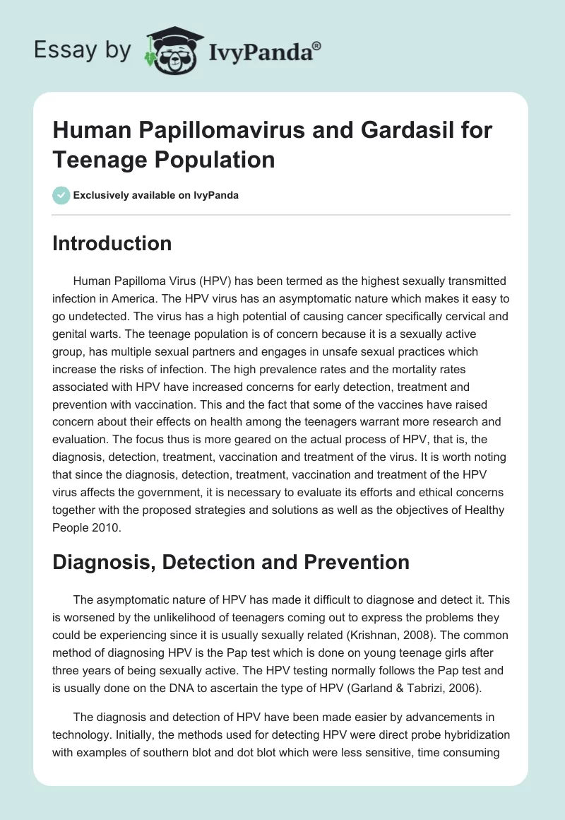 Human Papillomavirus and Gardasil for Teenage Population. Page 1