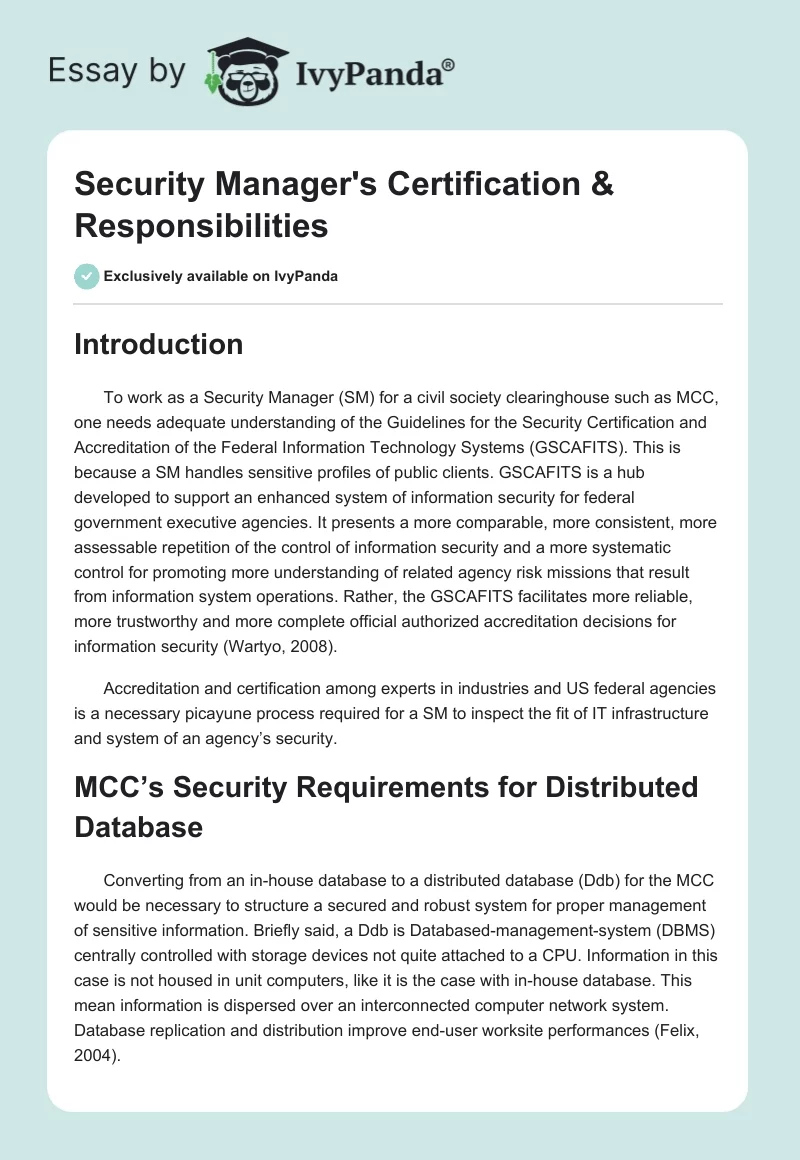Security Manager's Certification & Responsibilities. Page 1