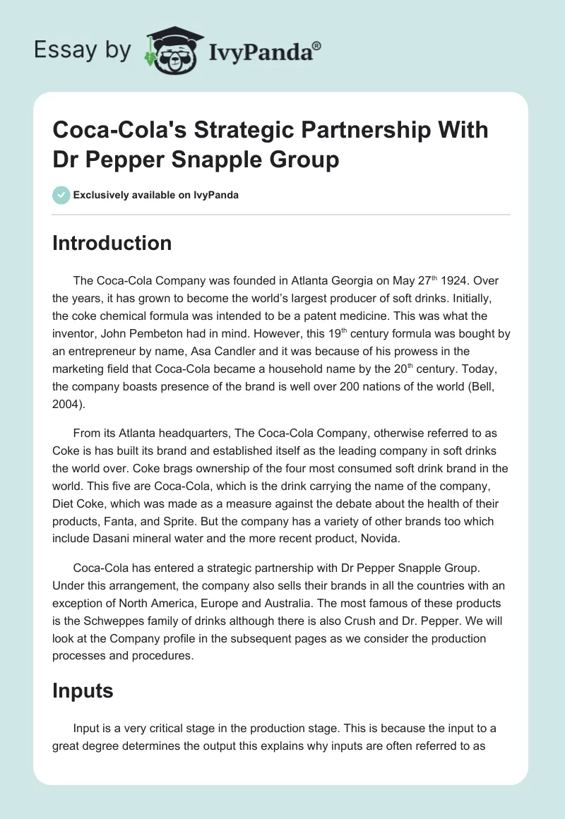 Coca-Cola's Strategic Partnership With Dr. Pepper Snapple Group. Page 1