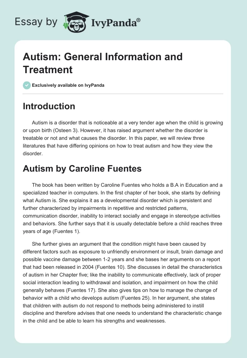 Autism: General Information and Treatment. Page 1