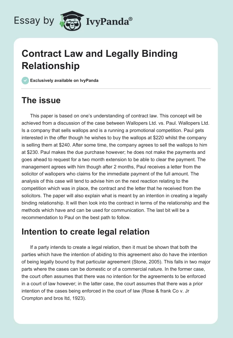Contract Law and Legally Binding Relationship. Page 1