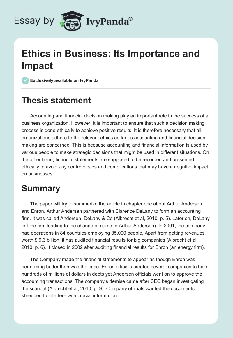 Ethics in Business: Its Importance and Impact. Page 1