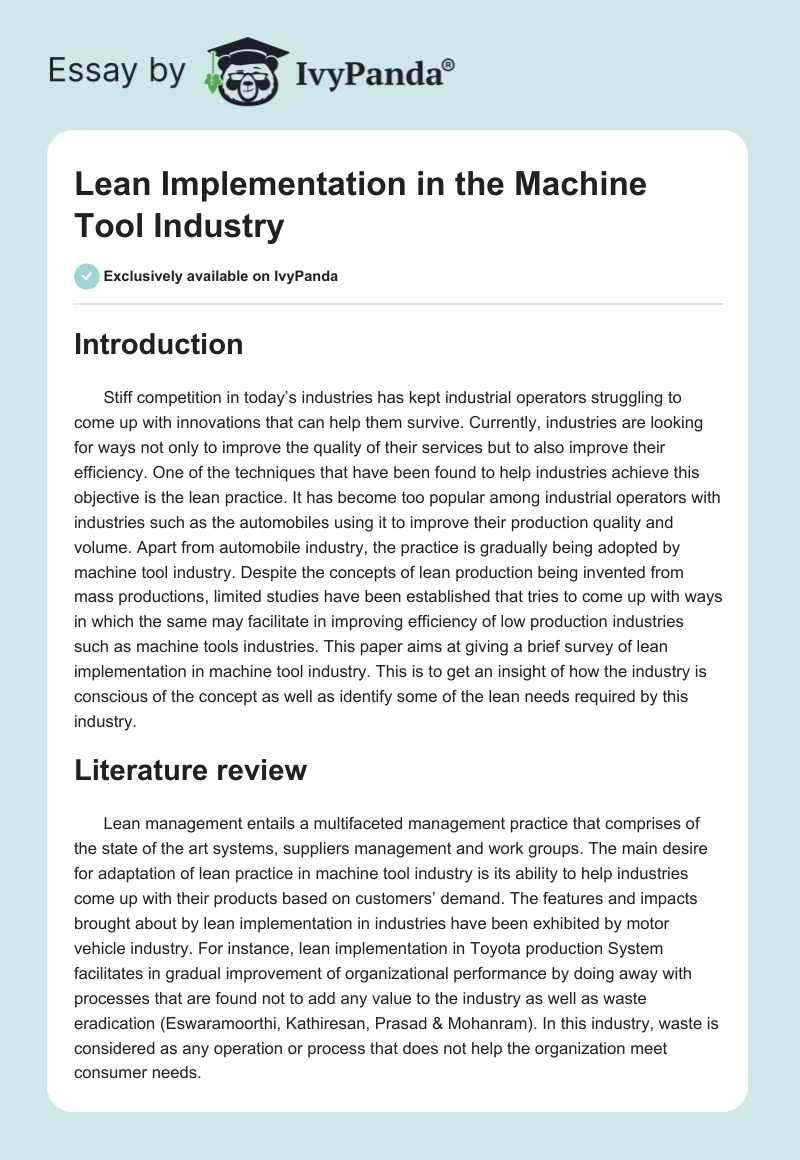 Lean Implementation in the Machine Tool Industry. Page 1