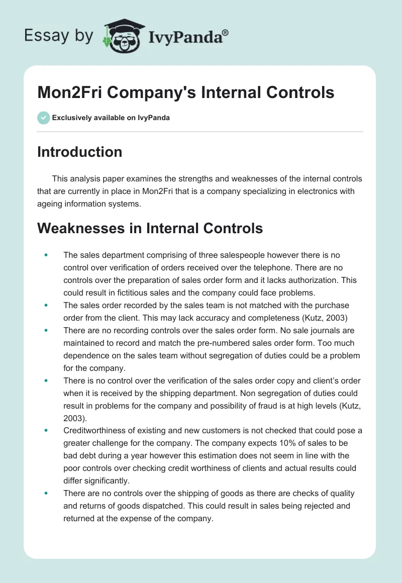Mon2Fri Company's Internal Controls. Page 1