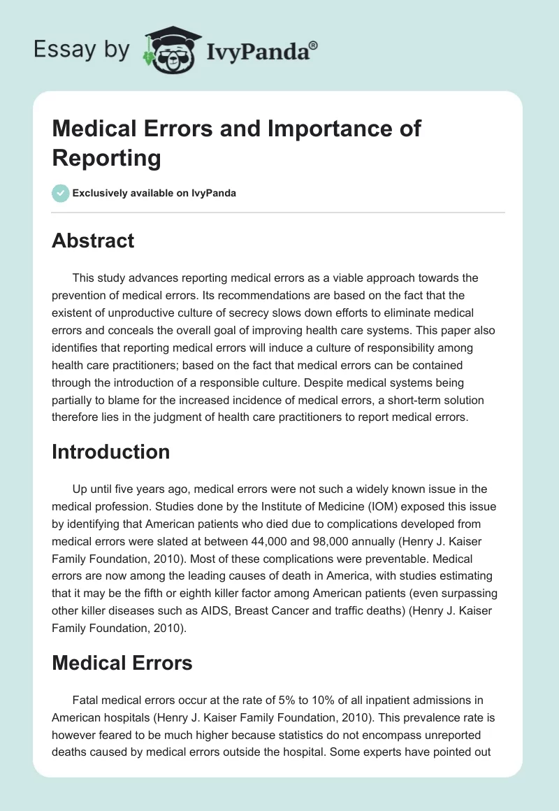 Medical Errors and Importance of Reporting. Page 1
