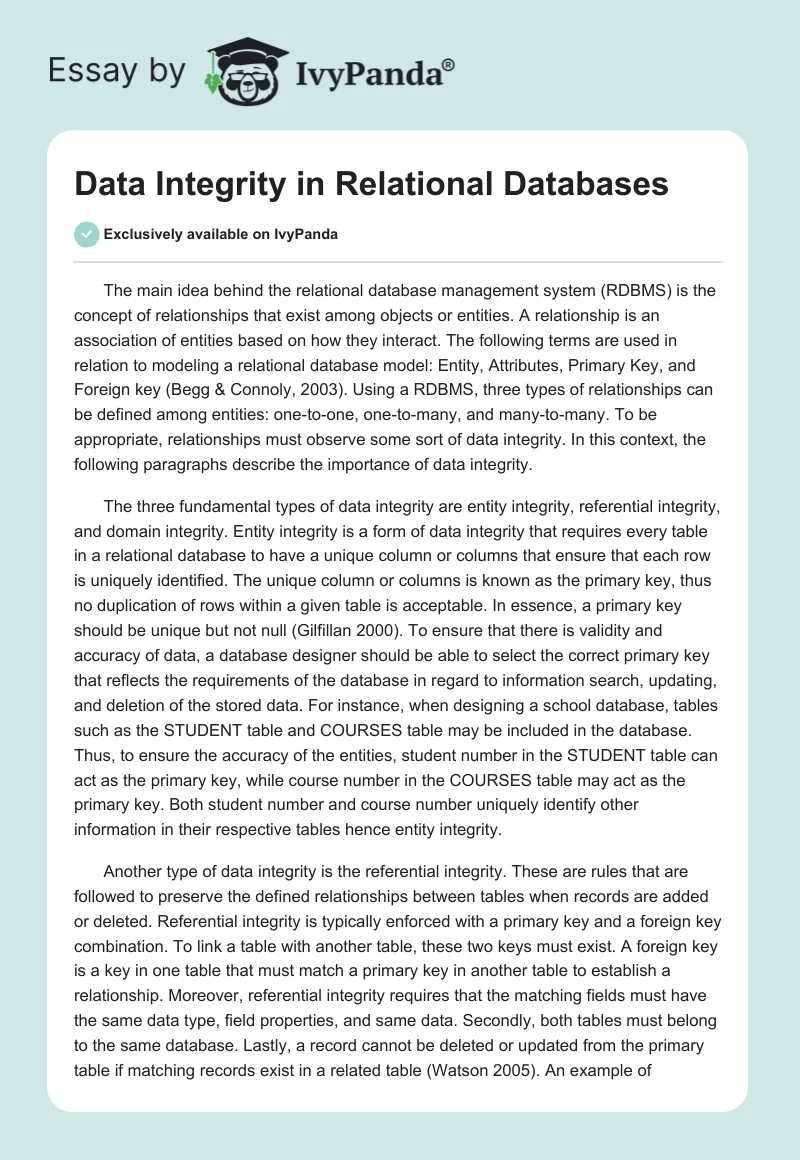 Data Integrity in Relational Databases. Page 1