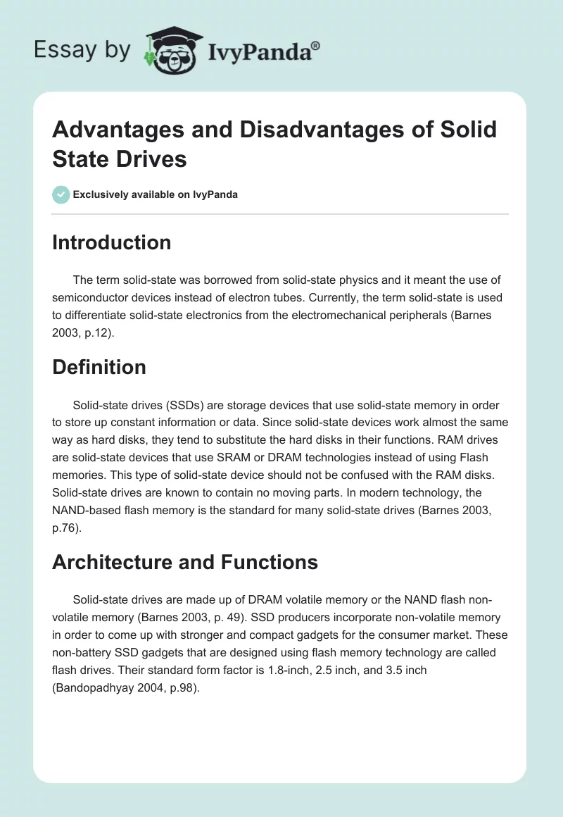 Advantages and Disadvantages of Solid State Drives. Page 1