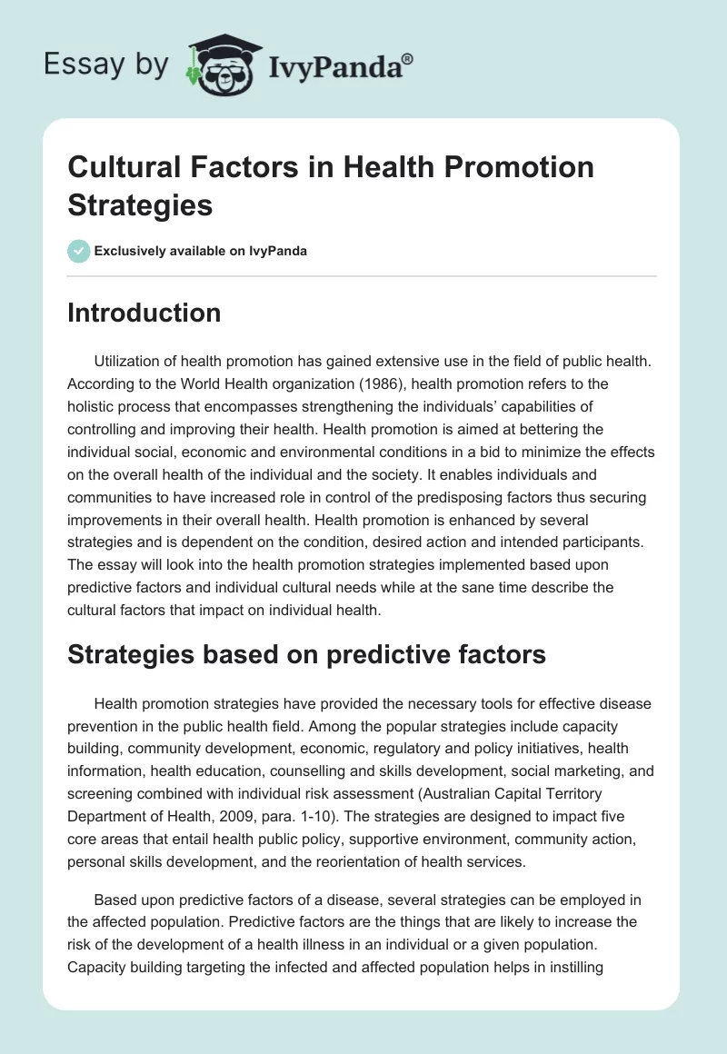 Cultural Factors in Health Promotion Strategies. Page 1