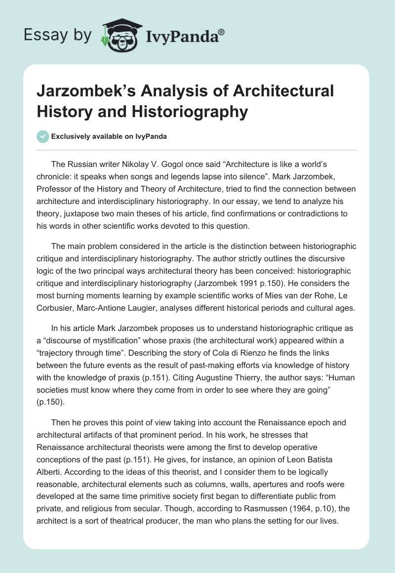 Jarzombek’s Analysis of Architectural History and Historiography. Page 1
