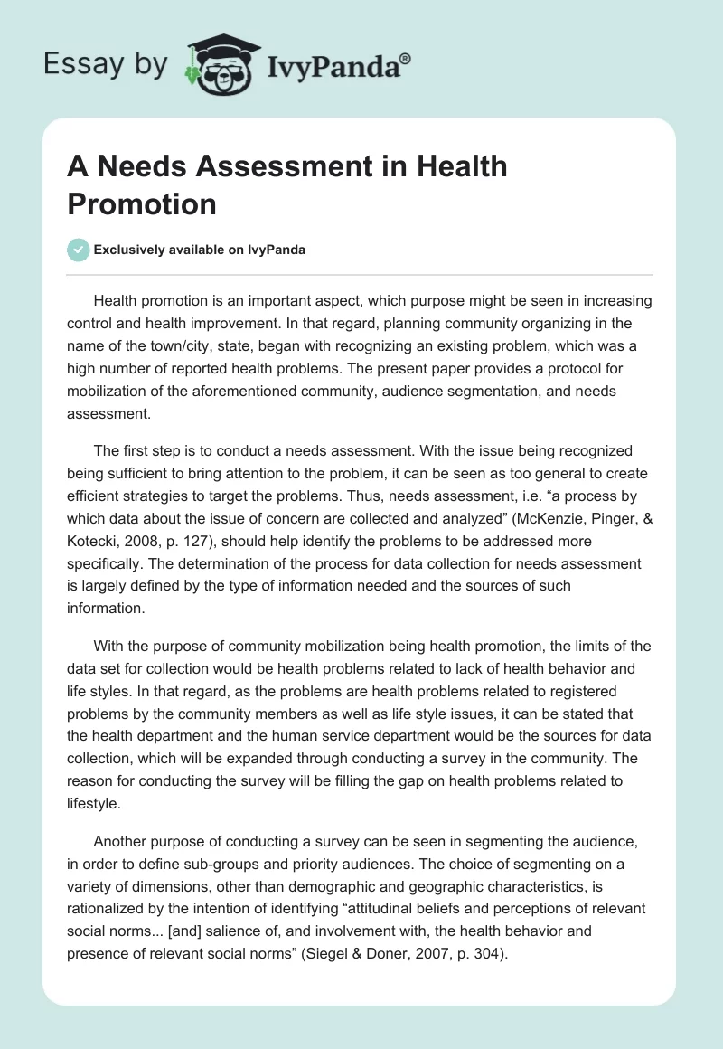 A Needs Assessment in Health Promotion. Page 1