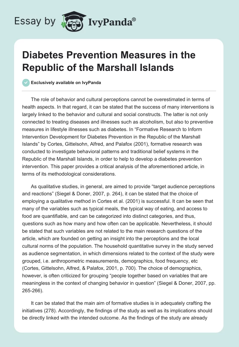 Diabetes Prevention Measures in the Republic of the Marshall Islands. Page 1