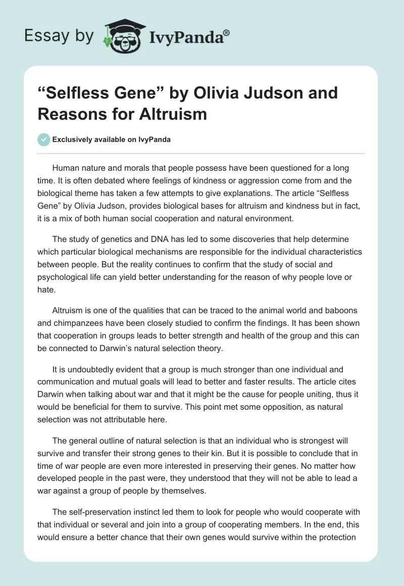 “Selfless Gene” by Olivia Judson and Reasons for Altruism. Page 1