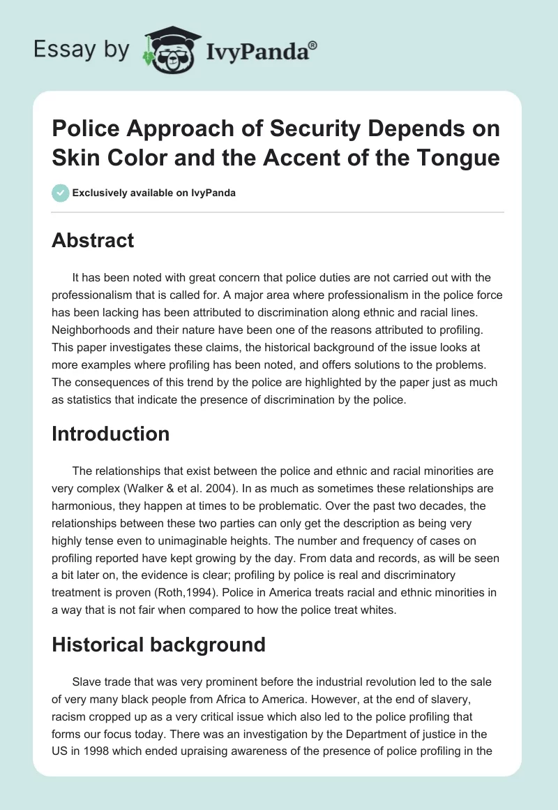 Police Approach of Security Depends on Skin Color and the Accent of the Tongue. Page 1