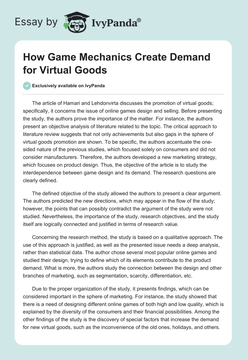 How Game Mechanics Create Demand for Virtual Goods. Page 1