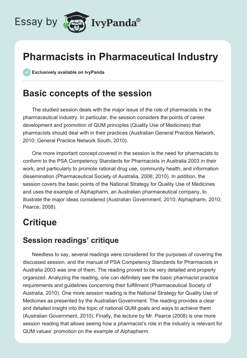 Pharmacists in Pharmaceutical Industry. Page 1