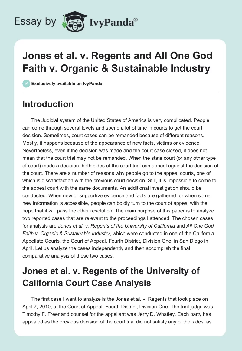 Jones et al. v. Regents and All One God Faith v. Organic & Sustainable Industry. Page 1
