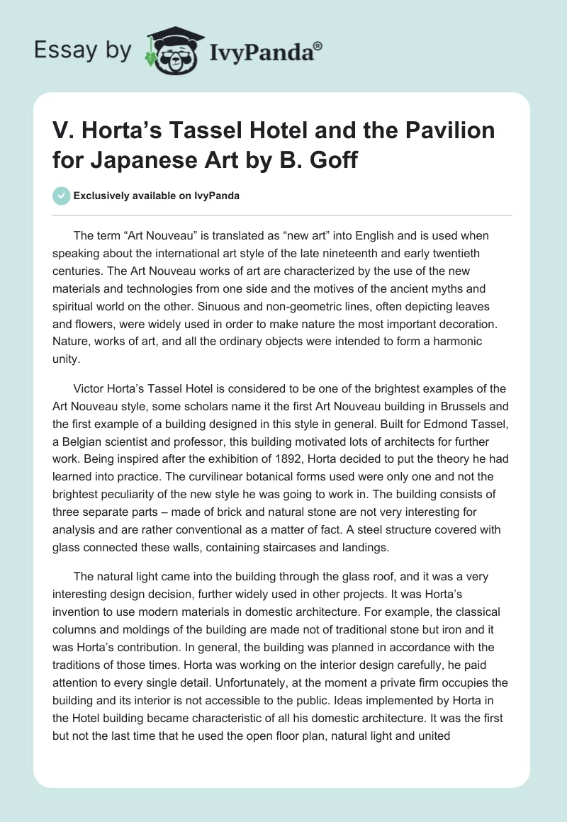 V. Horta’s Tassel Hotel and the Pavilion for Japanese Art by B. Goff. Page 1