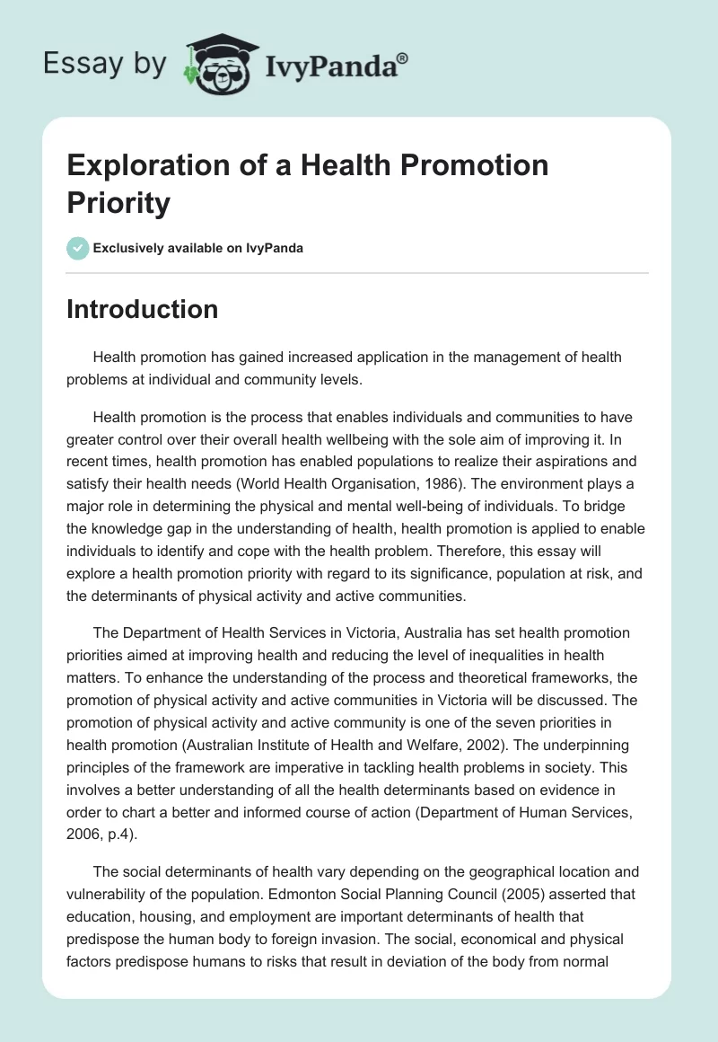 Exploration of a Health Promotion Priority. Page 1