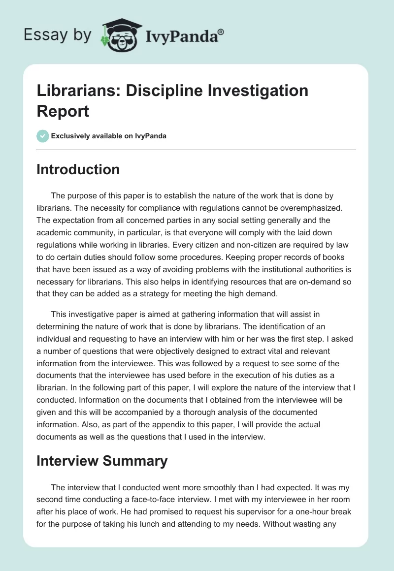 Librarians: Discipline Investigation Report. Page 1