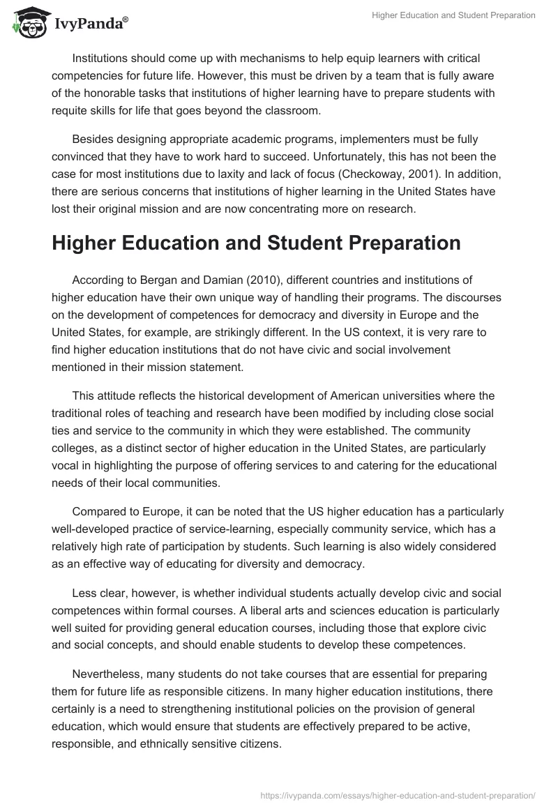 Higher Education and Student Preparation. Page 2