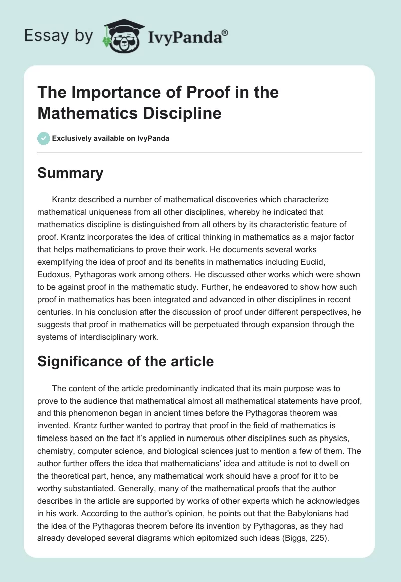 The Importance of Proof in the Mathematics Discipline. Page 1