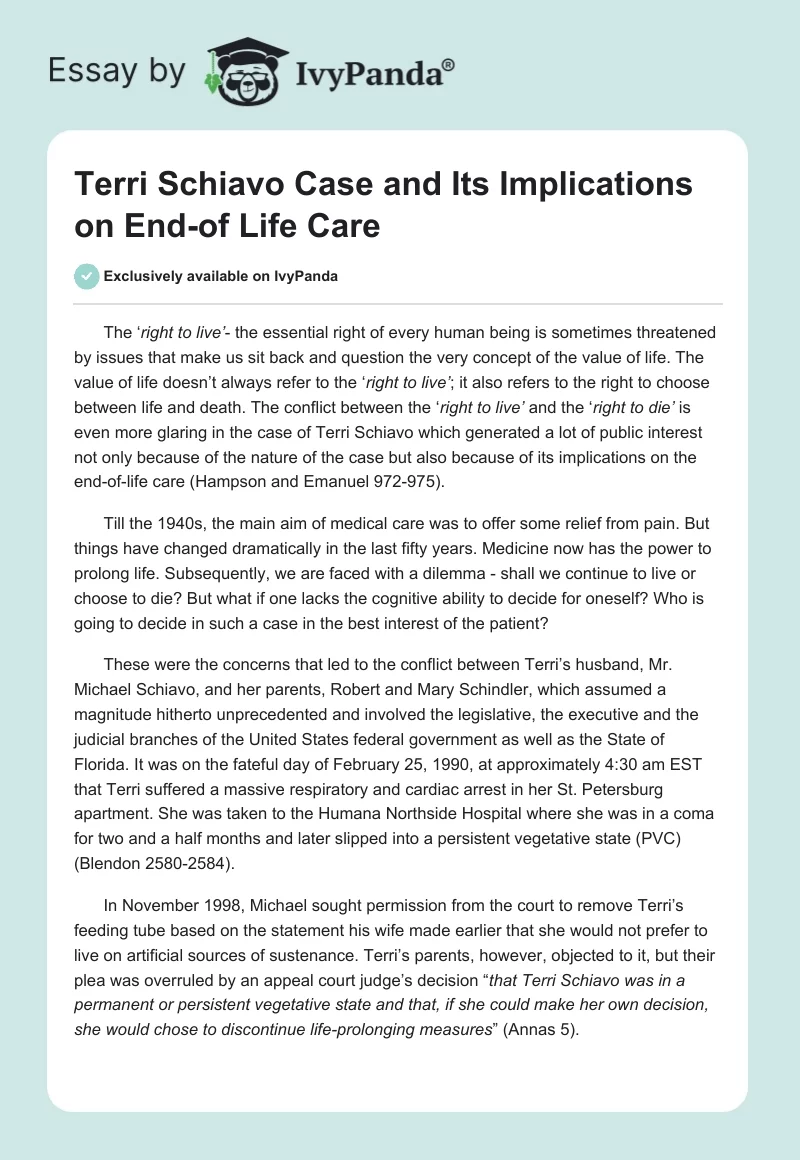 Terri Schiavo Case and Its Implications on End-of Life Care. Page 1