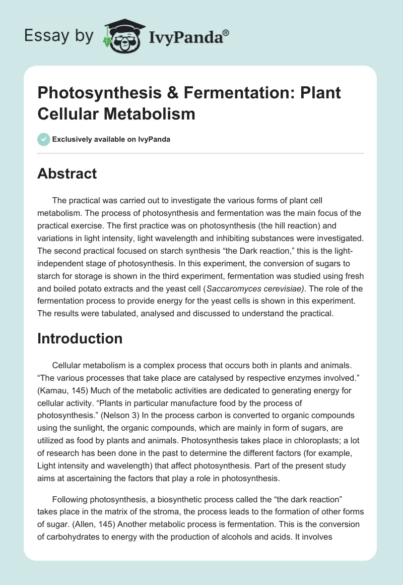 Photosynthesis & Fermentation: Plant Cellular Metabolism. Page 1