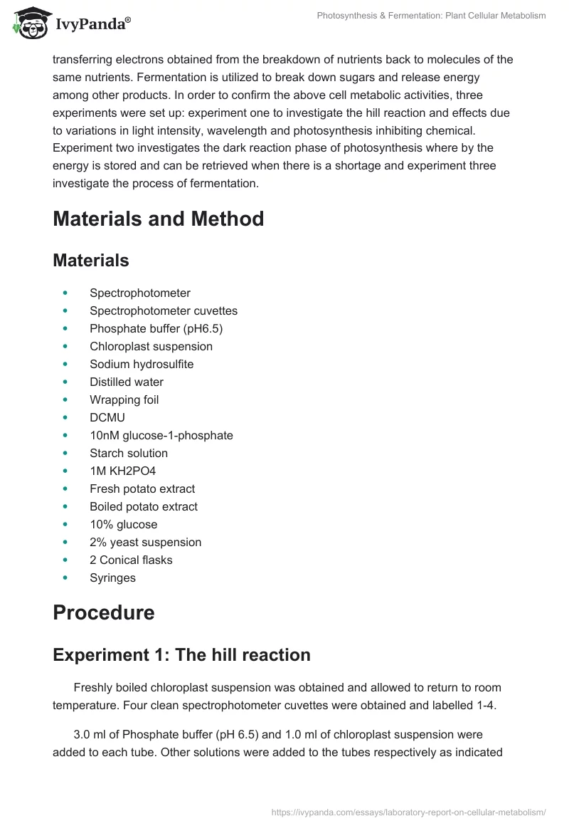 Photosynthesis & Fermentation: Plant Cellular Metabolism. Page 2