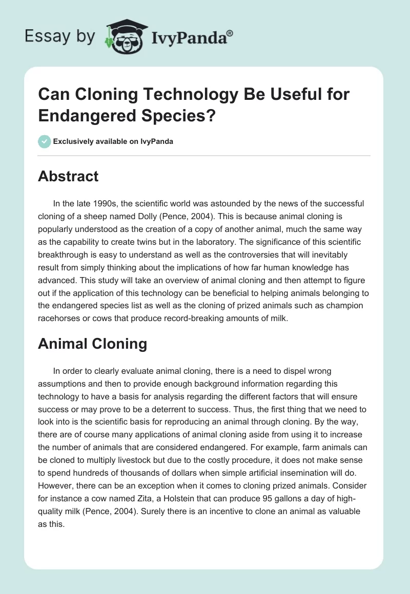 Can Cloning Technology Be Useful for Endangered Species?. Page 1