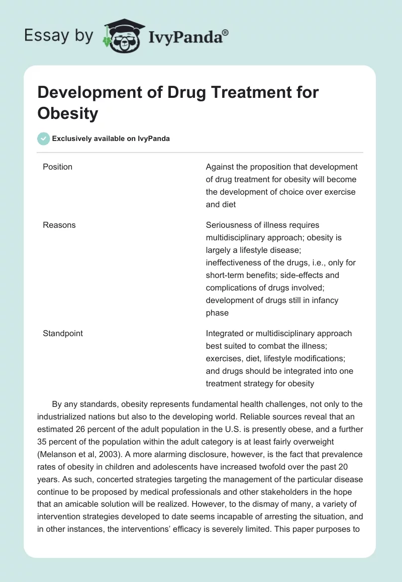 Development of Drug Treatment for Obesity. Page 1