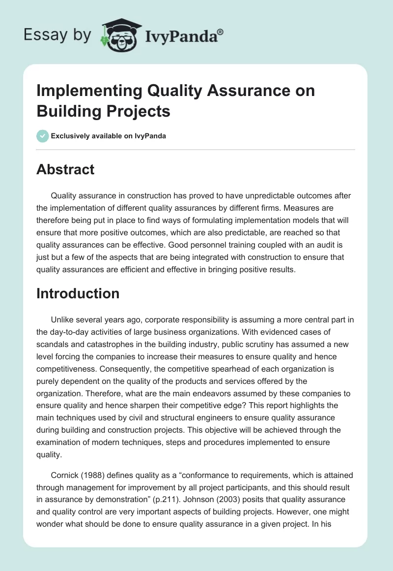 Implementing Quality Assurance on Building Projects. Page 1