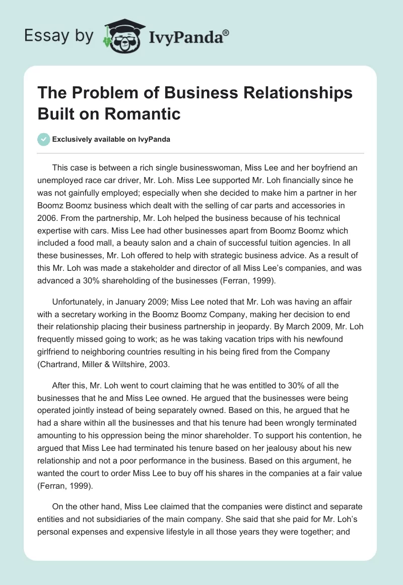 The Problem of Business Relationships Built on Romantic. Page 1