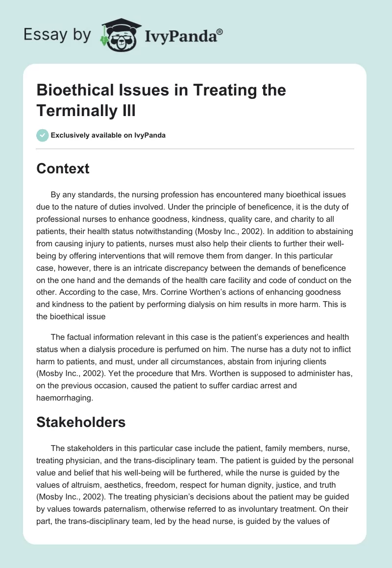 Bioethical Issues in Treating the Terminally Ill. Page 1