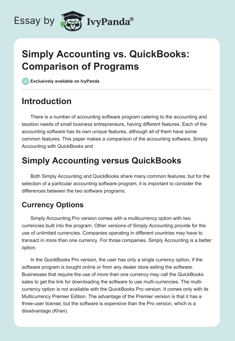 Simply Accounting vs. QuickBooks: Comparison of Programs. Page 1