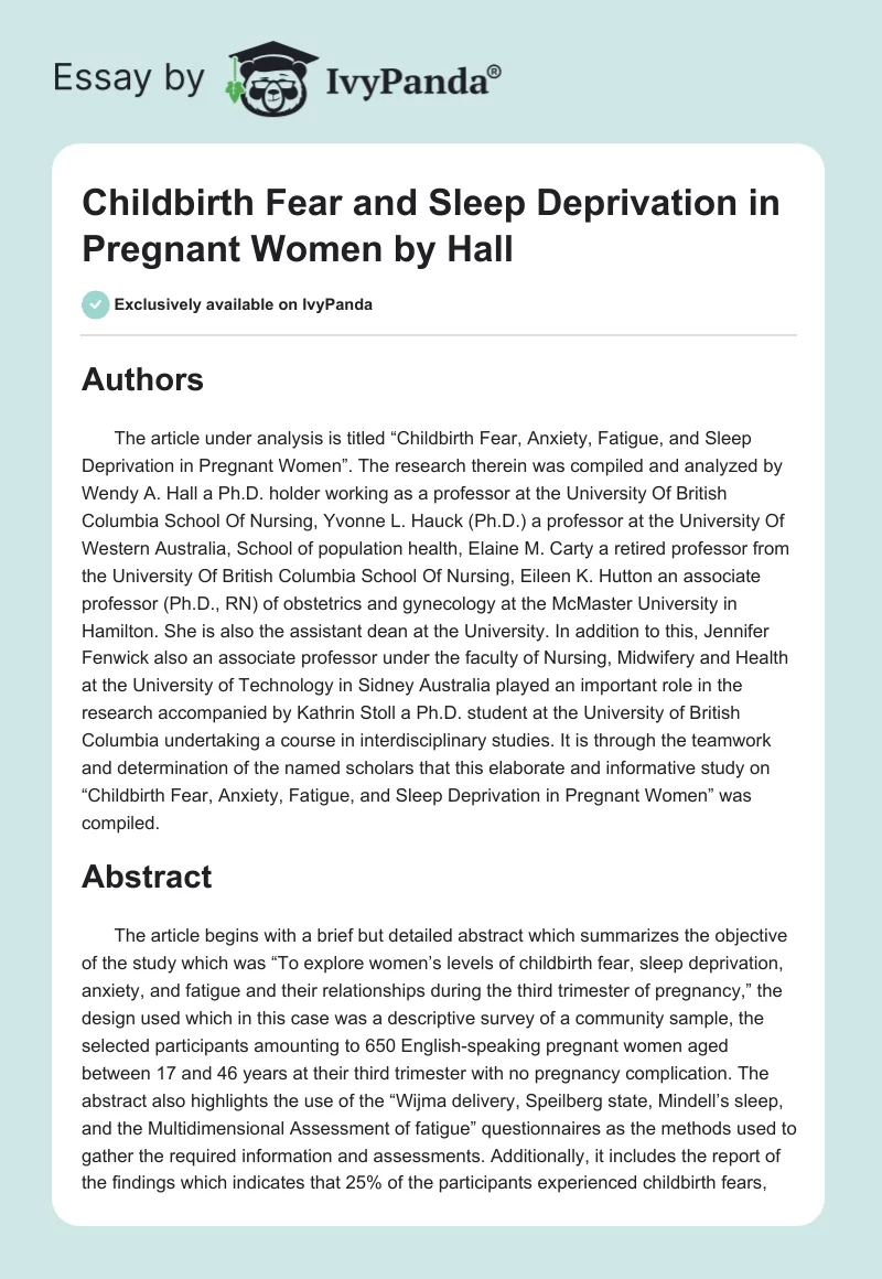 "Childbirth Fear and Sleep Deprivation in Pregnant Women" by Hall. Page 1