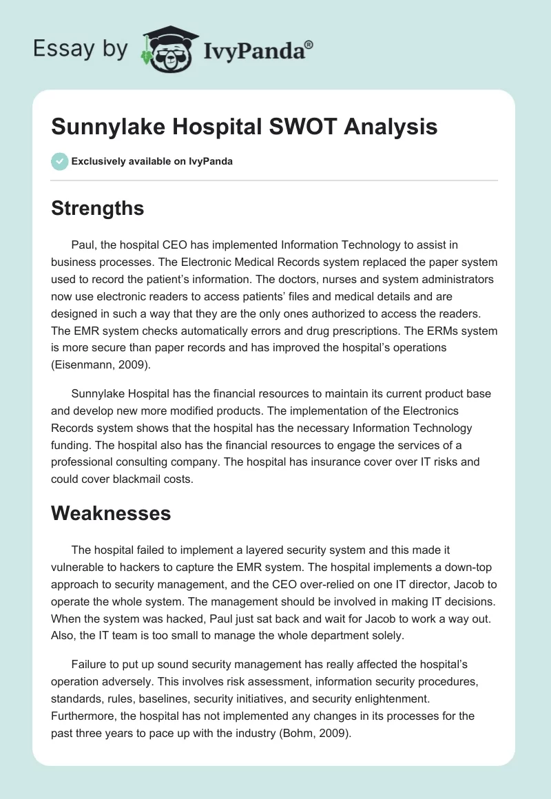 Sunnylake Hospital SWOT Analysis. Page 1